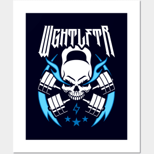 WGHTLFTR / Weightlifter (Kettlebell Skull Cross Barbell) Blue Blaze Posters and Art